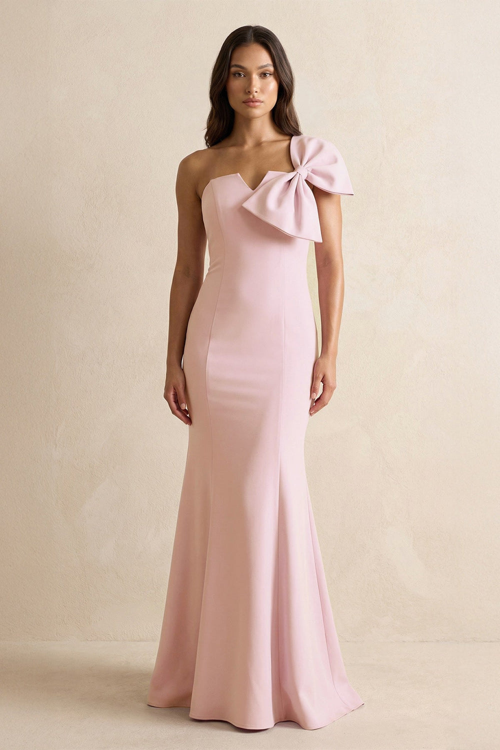 Bow Mermaid One Shoulder Bridesmaid Dress in Rose Petal - KissProm Bridesmaid Dresses