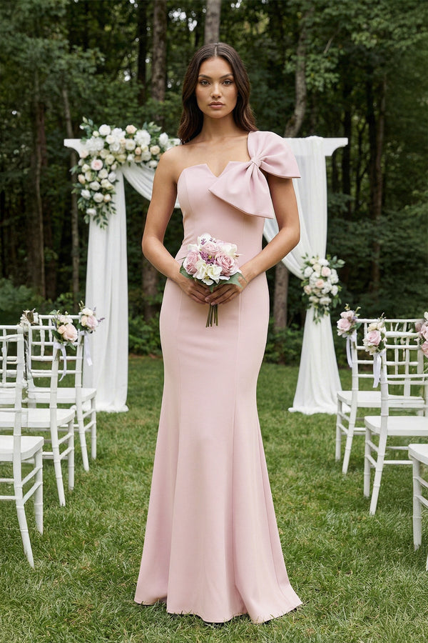 Bow Mermaid One Shoulder Bridesmaid Dress in Rose Petal - KissProm Bridesmaid Dresses