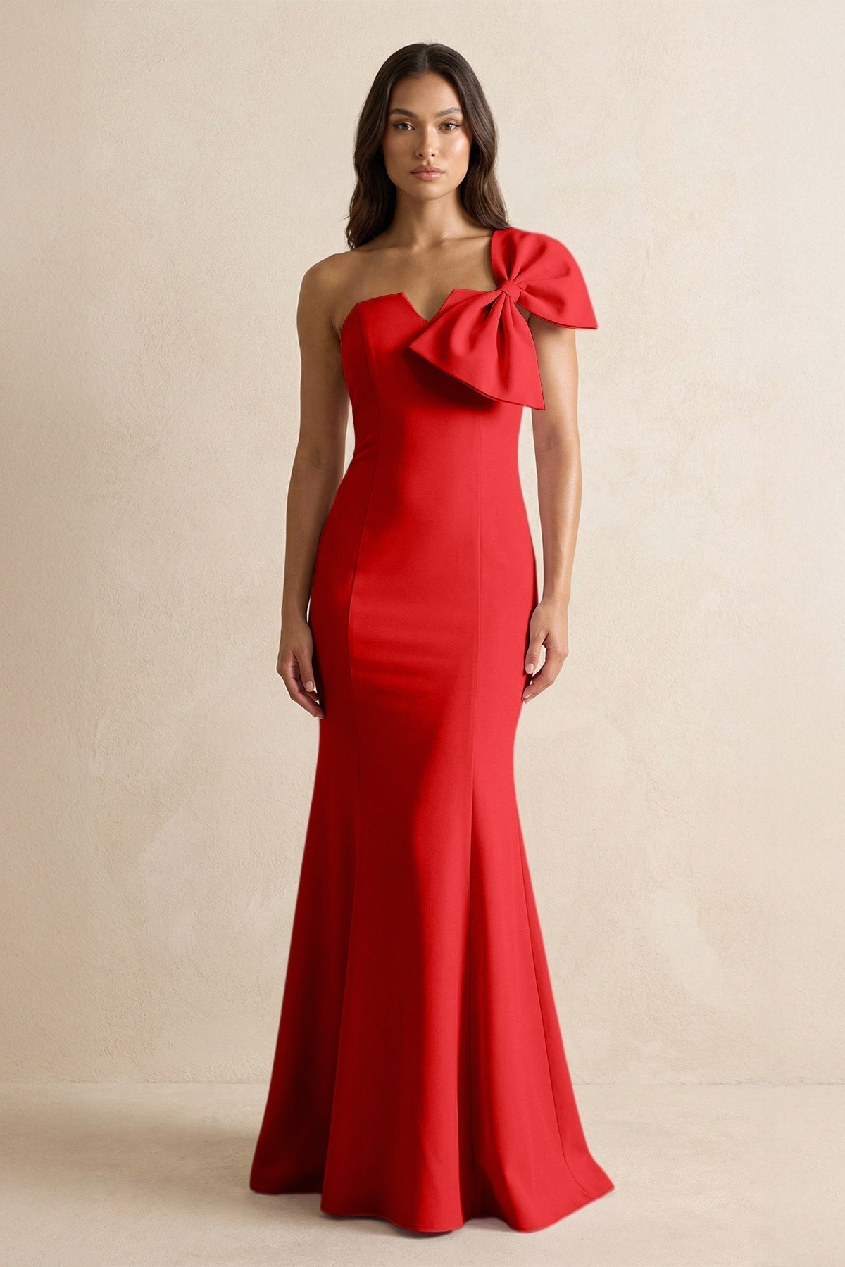 KissProm Bow Mermaid One Shoulder Bridesmaid Dress in Ruby Red, Ruby Red / 26