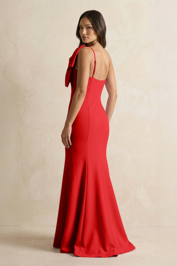 Bow Mermaid One Shoulder Bridesmaid Dress in Ruby Red - KissProm Bridesmaid Dresses