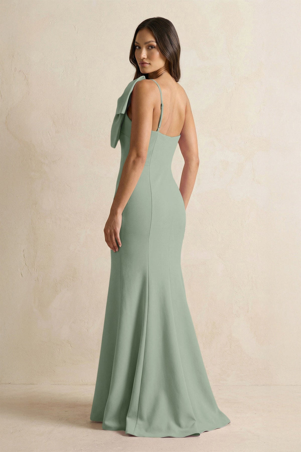 Bow Mermaid One Shoulder Bridesmaid Dress in Sage - KissProm Bridesmaid Dresses