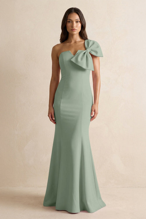 Bow Mermaid One Shoulder Bridesmaid Dress in Sage - KissProm Bridesmaid Dresses