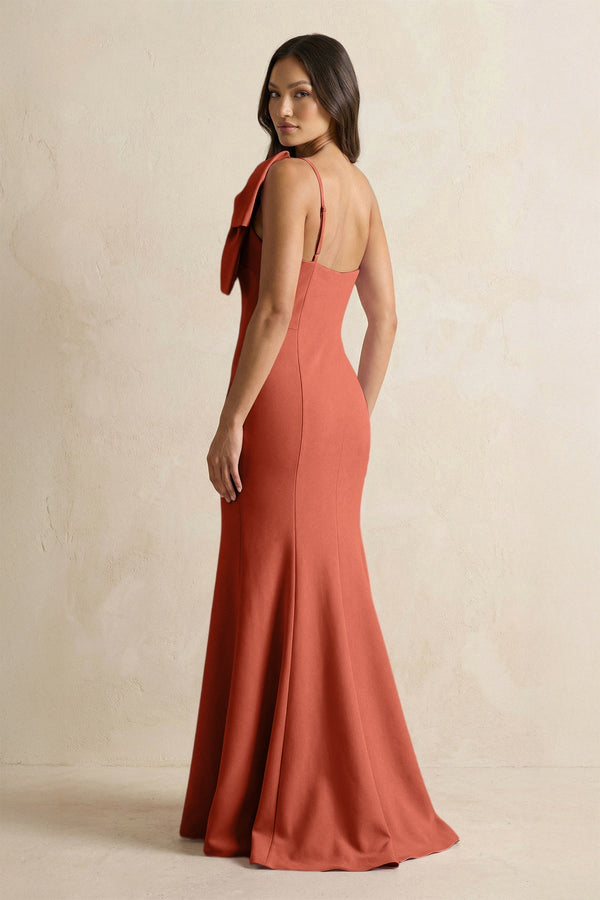 Bow Mermaid One Shoulder Bridesmaid Dress in Terracotta - KissProm Bridesmaid Dresses