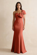Bow Mermaid One Shoulder Bridesmaid Dress in Terracotta - KissProm Bridesmaid Dresses