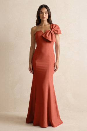 Bow Mermaid One Shoulder Bridesmaid Dress in Terracotta - KissProm Bridesmaid Dresses