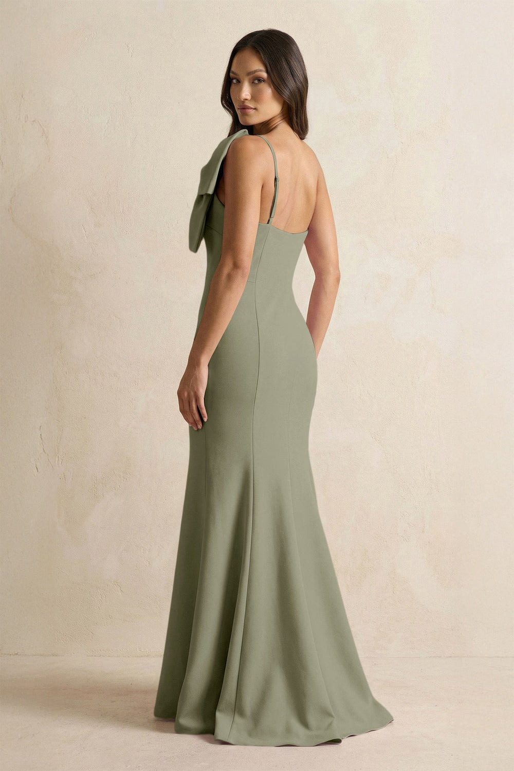 Bow Mermaid One Shoulder Bridesmaid Dress in Thyme - KissProm Bridesmaid Dresses