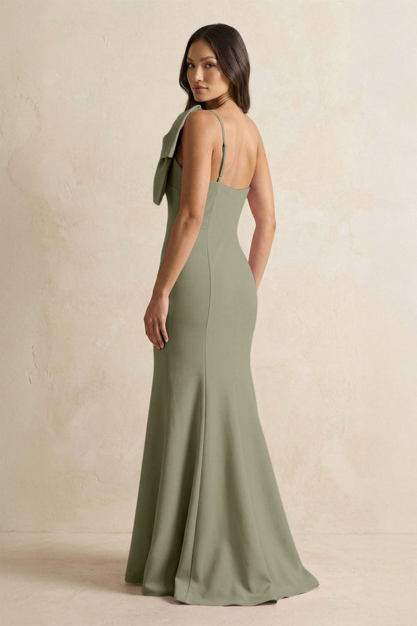 Bow Mermaid One Shoulder Bridesmaid Dress in Thyme - KissProm Bridesmaid Dresses