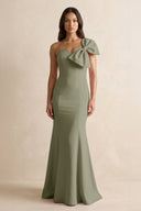 Bow Mermaid One Shoulder Bridesmaid Dress in Thyme - KissProm Bridesmaid Dresses