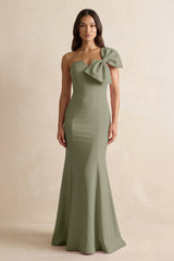Bow Mermaid One Shoulder Bridesmaid Dress in Thyme - KissProm Bridesmaid Dresses