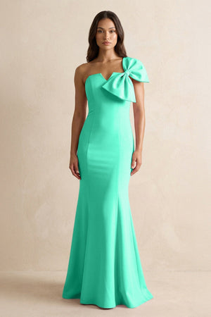 Bow Mermaid One Shoulder Bridesmaid Dress in Turquoise - KissProm Bridesmaid Dresses