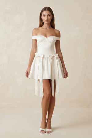 Bow Off - the - Shoulder A - Line Mini Wedding Dress in Ivory - KissProm Wedding Dresses