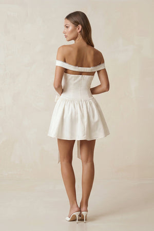Bow Off - the - Shoulder A - Line Mini Wedding Dress in Ivory - KissProm Wedding Dresses
