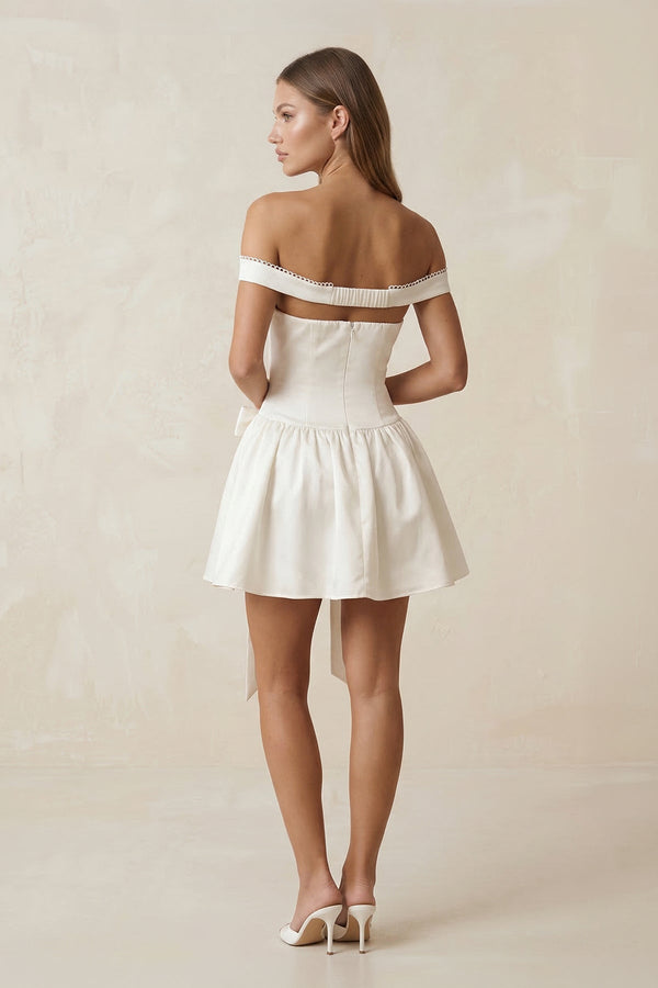 Bow Off - the - Shoulder A - Line Mini Wedding Dress in Ivory - KissProm Wedding Dresses