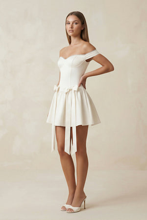 Bow Off - the - Shoulder A - Line Mini Wedding Dress in Ivory - KissProm Wedding Dresses
