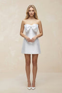 Bow Strapless Satin Sheath Mini Wedding Dress in White - KissProm Wedding Dresses