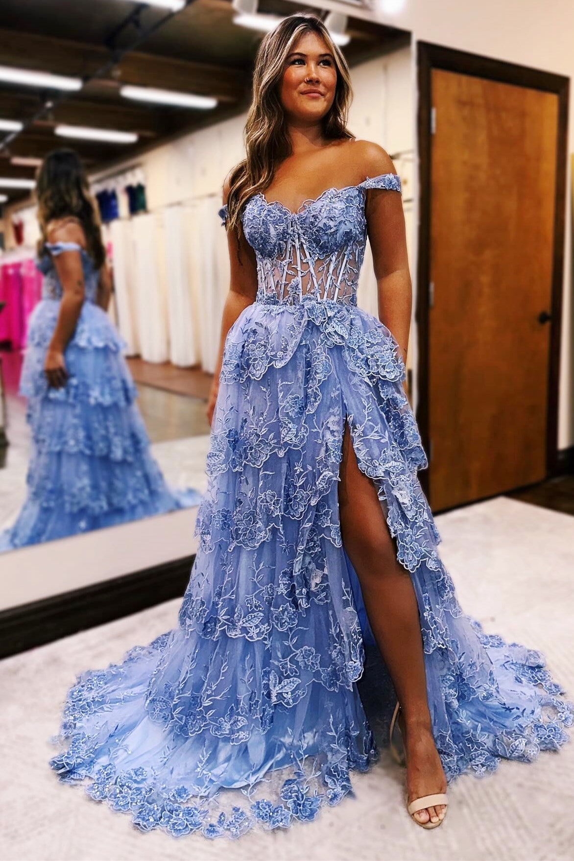 Maryann | Periwinkle Tulle Appliques Off-the-Shoulder Ruffle Long Prom Dress