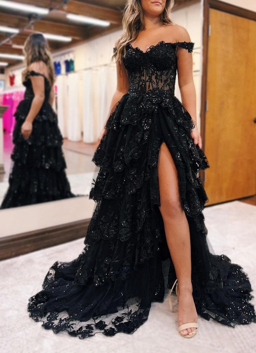 Periwinkle Tulle Appliques Off-the-Shoulder Ruffle Long Prom Dress Black / 14 / Tulle Periwinkle Tulle Appliques Off-the-Shoulder Ruffle Long Prom Dress Black / 14 / Tulle