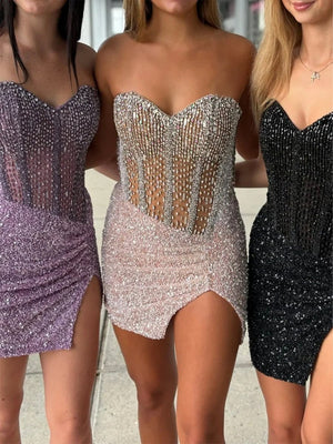 Bretta | Champagne - Sparkly Bodycon Strapless Sequins Short Homecoming Dresses With Beadings