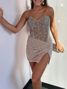 Bretta | Champagne - Sparkly Bodycon Strapless Sequins Short Homecoming Dresses With Beadings