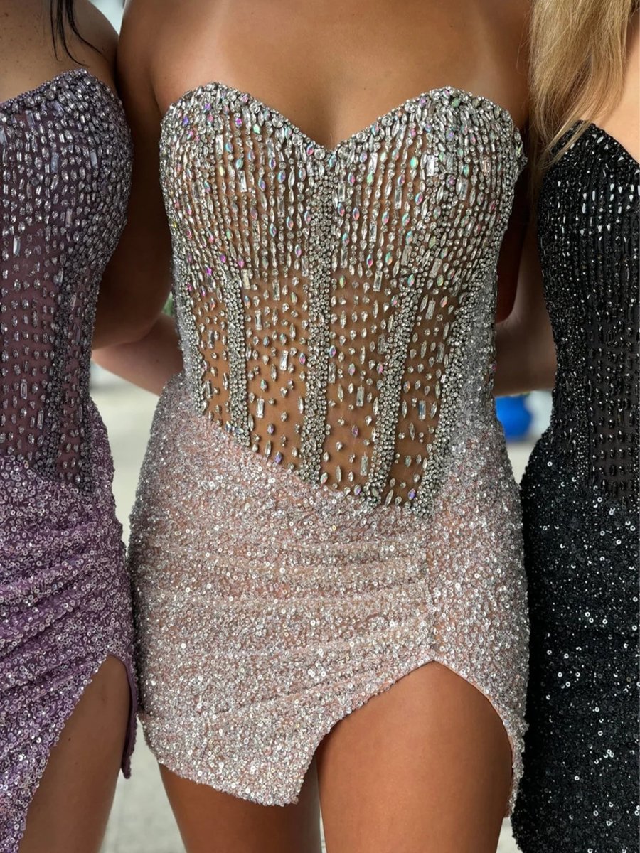 Champagne - Sparkly Bodycon Strapless Sequins Mini Party Dresses With Beadings, Champagne / 4 Champagne - Sparkly Bodycon Strapless Sequins Mini Party Dresses With Beadings, Champagne / 4