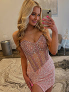 Bretta | Pink - Sparkly Bodycon Strapless Sequins Short Homecoming Dresses With Beadings
