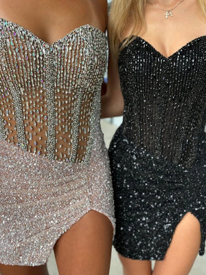 Bretta | Champagne - Sparkly Bodycon Strapless Sequins Short Homecoming Dresses With Beadings