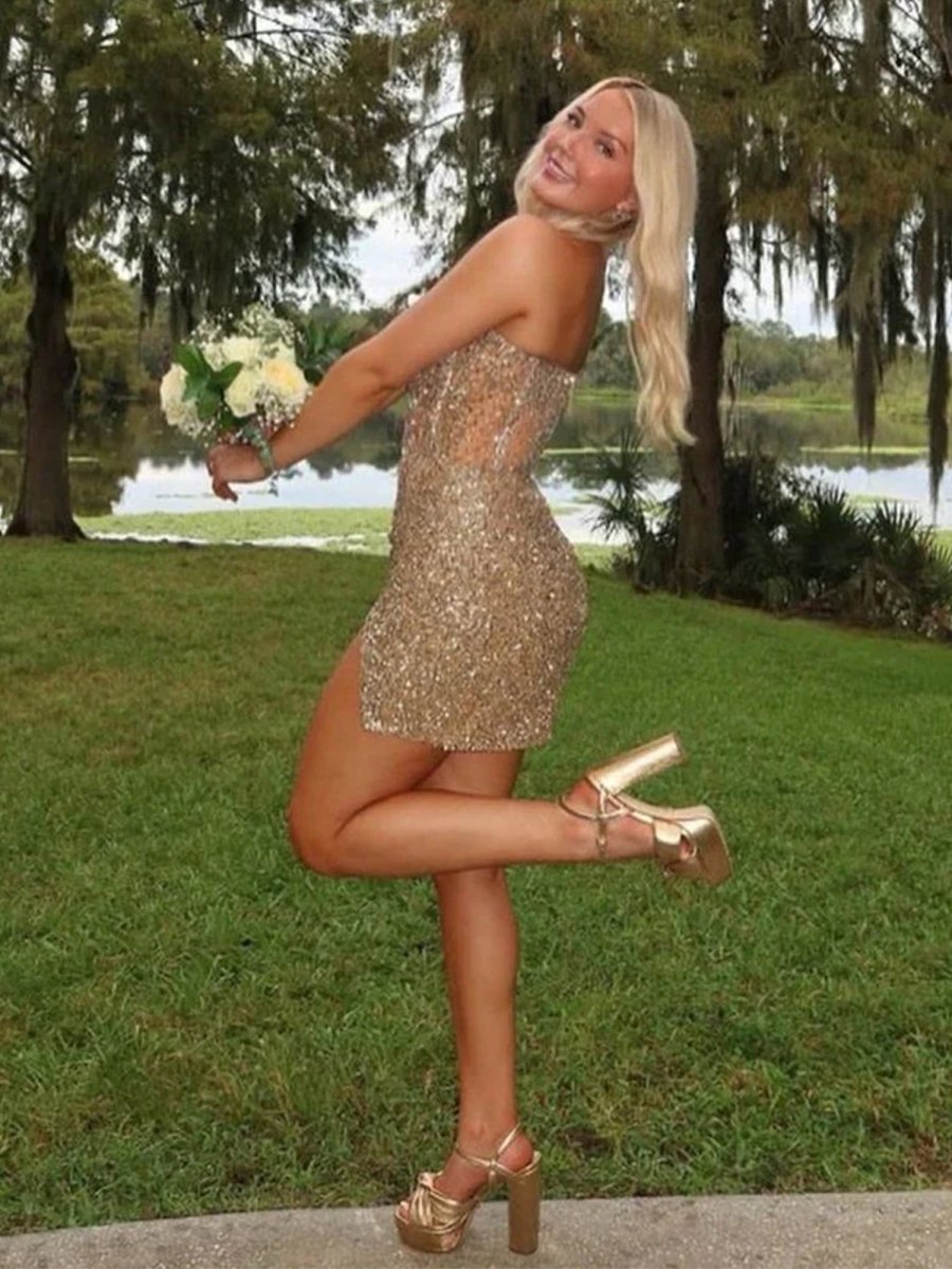 Gold - Sparkly Bodycon Strapless Sequins Short Homecoming Dresses With Beadings Gold / 14 Gold - Sparkly Bodycon Strapless Sequins Short Homecoming Dresses With Beadings Gold / 14