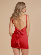 Briar | Red - Bodycon V Neck Satin Short Homecoming Dresses with Bow - KissProm