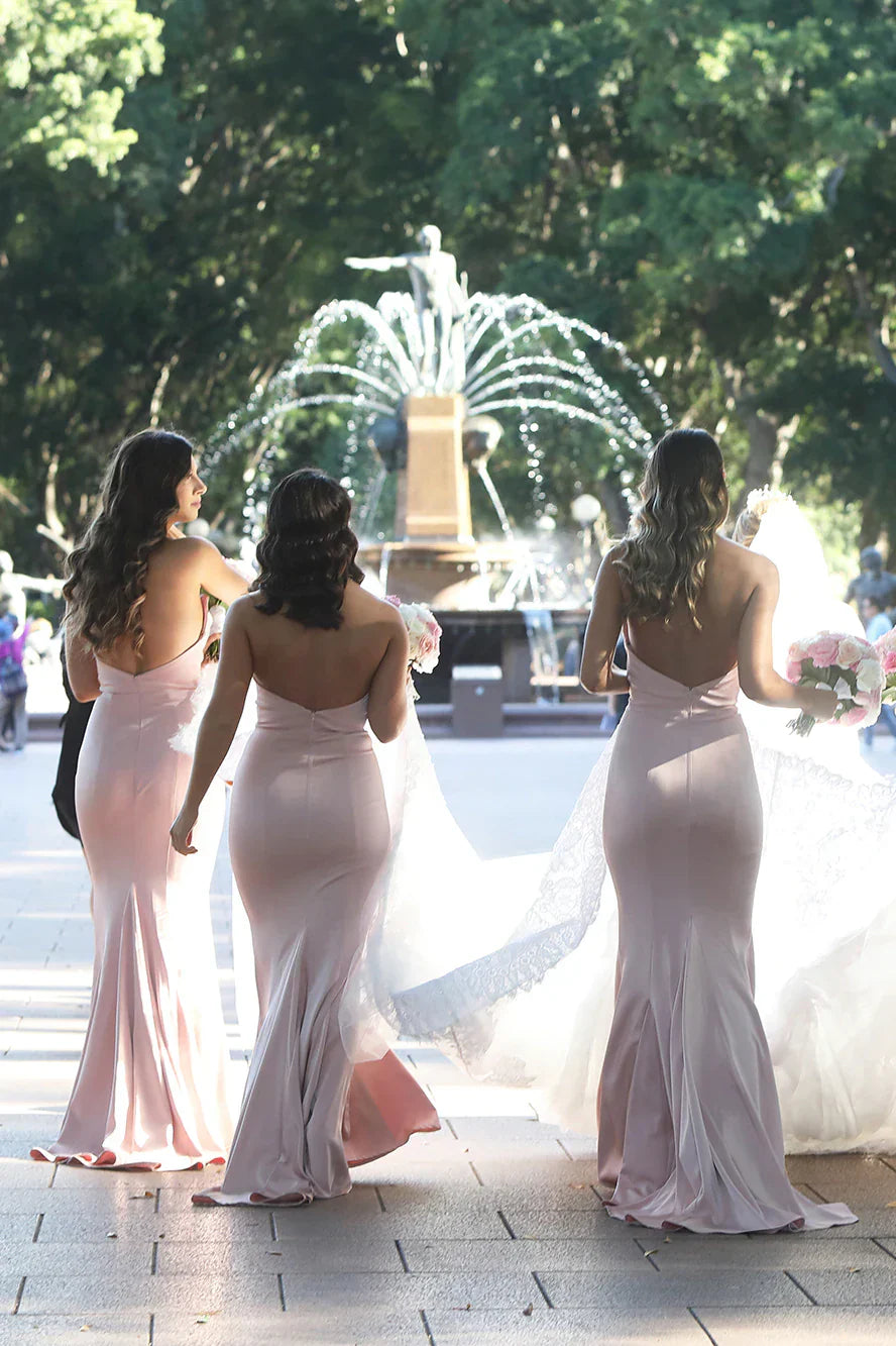 Mermaid Strapless Blush Pink Satin Bridesmaid Dresses Long Party Dresses - KissProm