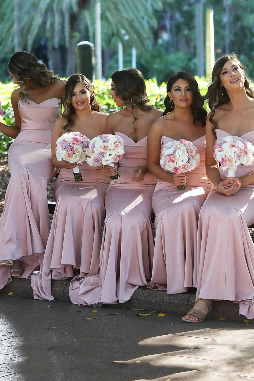 Mermaid Strapless Blush Pink Satin Bridesmaid Dresses Long Party Dresses - KissProm