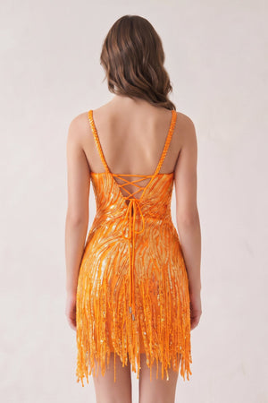 Bright Orange Sheath V Neck Sequined Tassels Homecoming Dresses (2) | KISSPROM