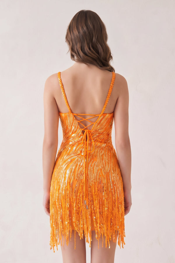 Bright Orange Sheath V Neck Sequined Tassels Homecoming Dresses (2) | KISSPROM