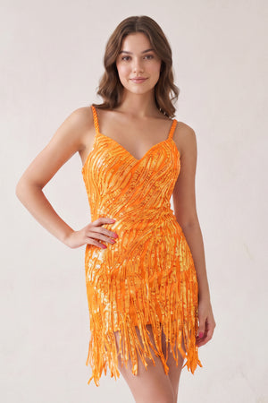 Bright Orange Sheath V Neck Sequined Tassels Homecoming Dresses | KISSPROM