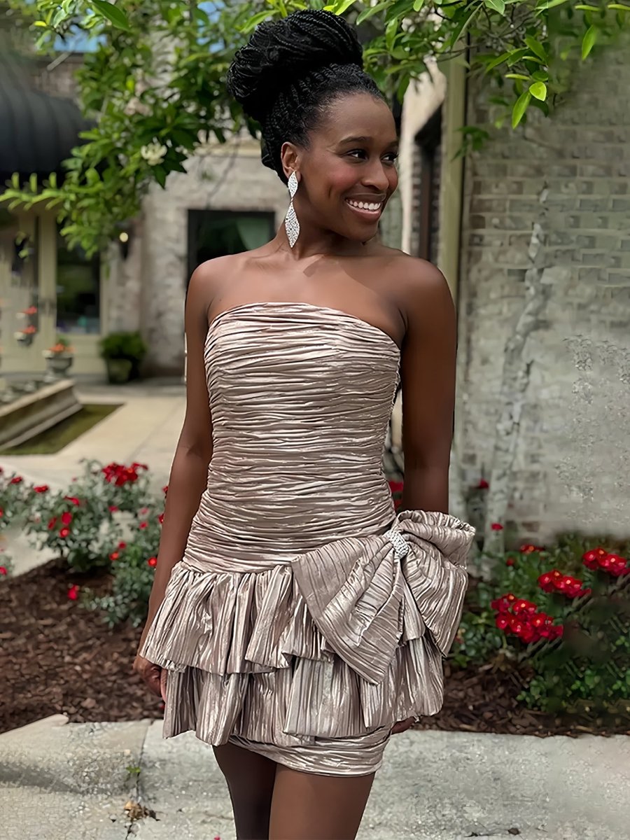 Brinelle | Champagne -  A Line Strapless Pleats Short Homecoming Dress with Bow