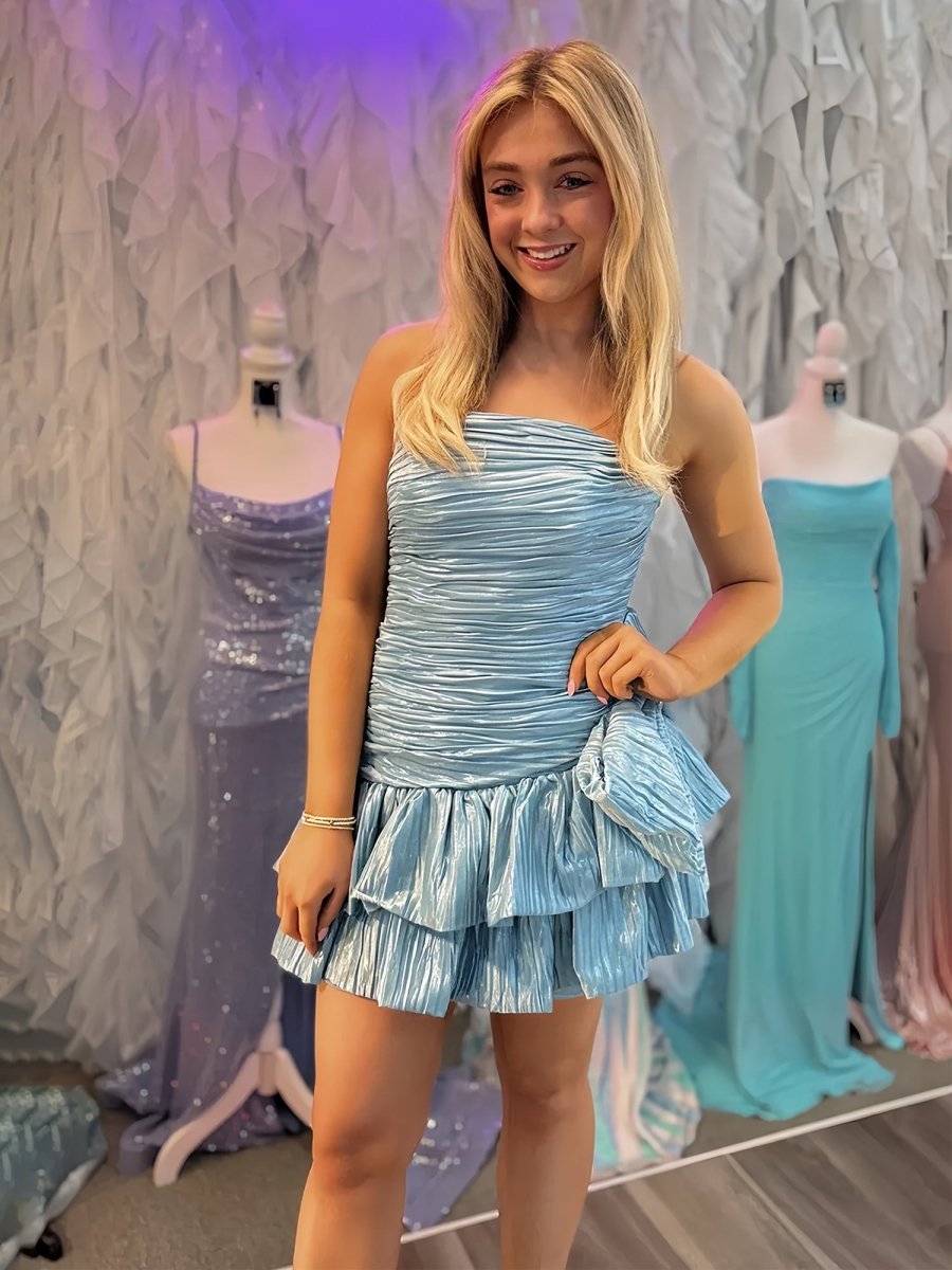 Brinelle | Sky Blue -  A Line Strapless Pleats Short Homecoming Dress with Bow