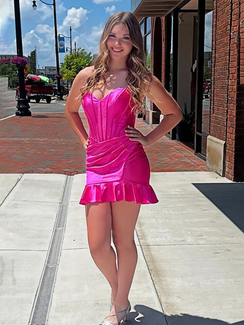 Brisa | Fuchsia - Strapless Bodycon Satin Pleated Homecoming Dresses With Ruffles