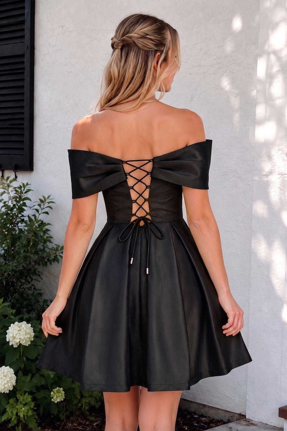 Black Off The Shoulder A Line Satin Short Homecoming Dress With Bow - KissProm