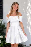Black Off The Shoulder A Line Satin Short Homecoming Dress With Bow - KissProm
