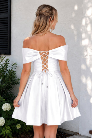 Black Off The Shoulder A Line Satin Short Homecoming Dress With Bow - KissProm