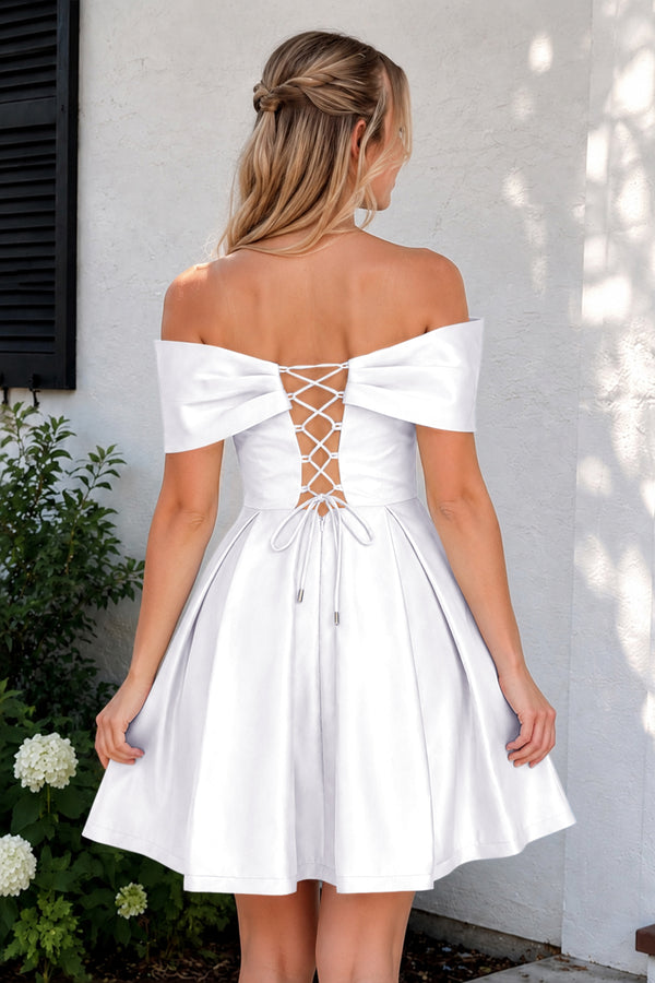 Black Off The Shoulder A Line Satin Short Homecoming Dress With Bow - KissProm