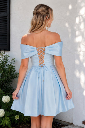Black Off The Shoulder A Line Satin Short Homecoming Dress With Bow - KissProm