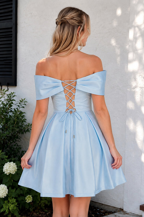 Black Off The Shoulder A Line Satin Short Homecoming Dress With Bow - KissProm
