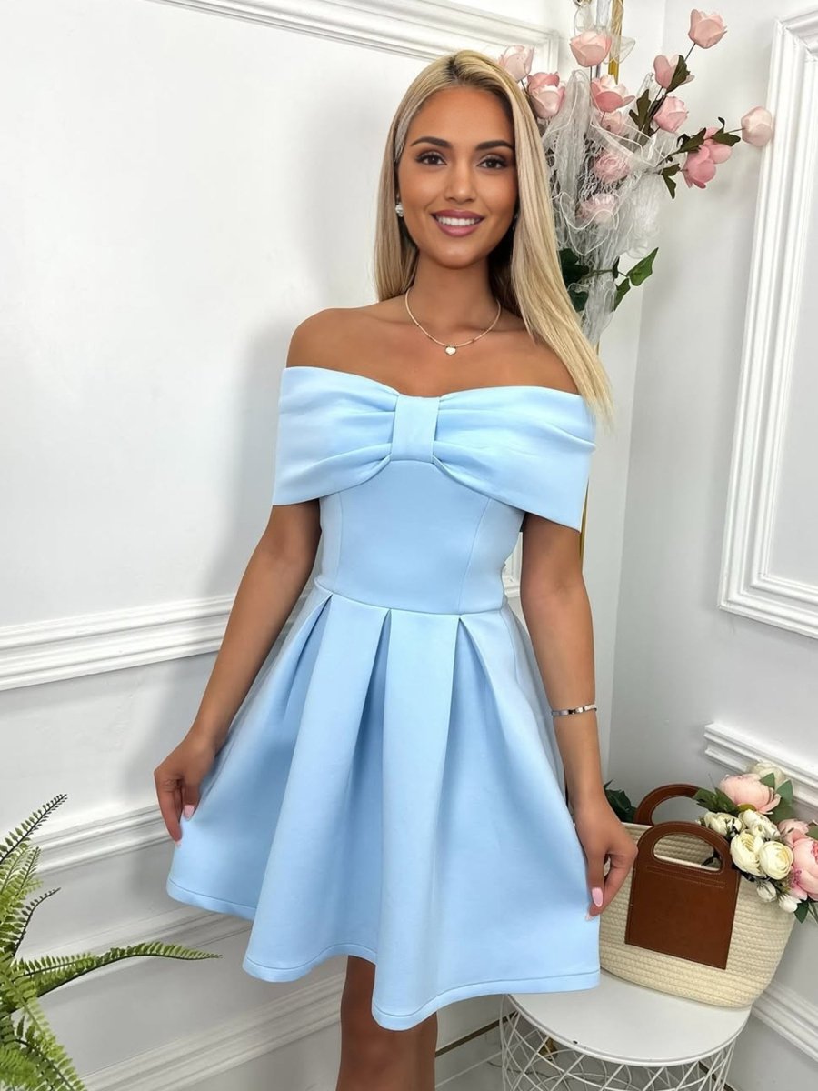 Briseis | Blue - Off The Shoulder A Line Satin Short Homecoming Dress With Bow