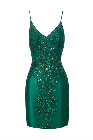 Sheath Short V Neck Satin Homecoming Dress with Appliques - KissProm