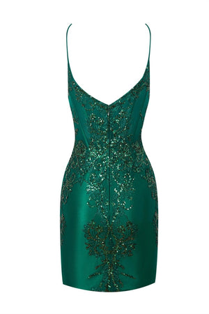 Sheath Short V Neck Satin Homecoming Dress with Appliques - KissProm