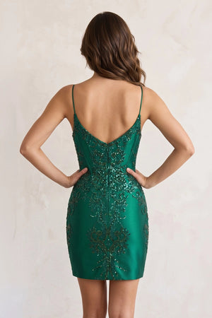 Sheath Short V Neck Satin Homecoming Dress with Appliques - KissProm