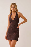 Brown Halter Sheath Embroidered Tulle Homecoming Dress | KISSPROM