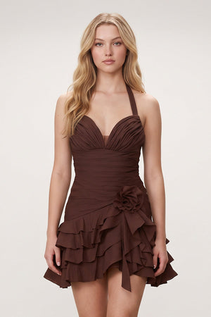 Brown Organza Halter A-Line Pleated Ruffled Homecoming Dress | KISSPROM