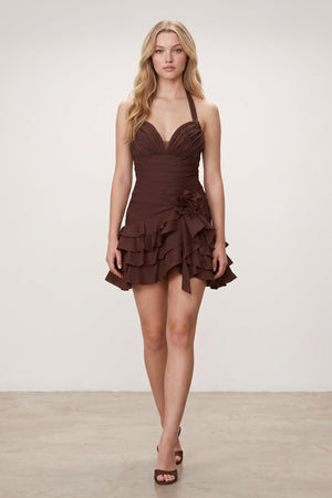 Brown Organza Halter A-Line Pleated Ruffled Homecoming Dress (3) | KISSPROM