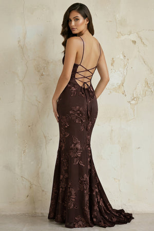 KissProm-Brown Spaghetti Straps Mermaid Tulle Long Prom Dresses With Appliques
